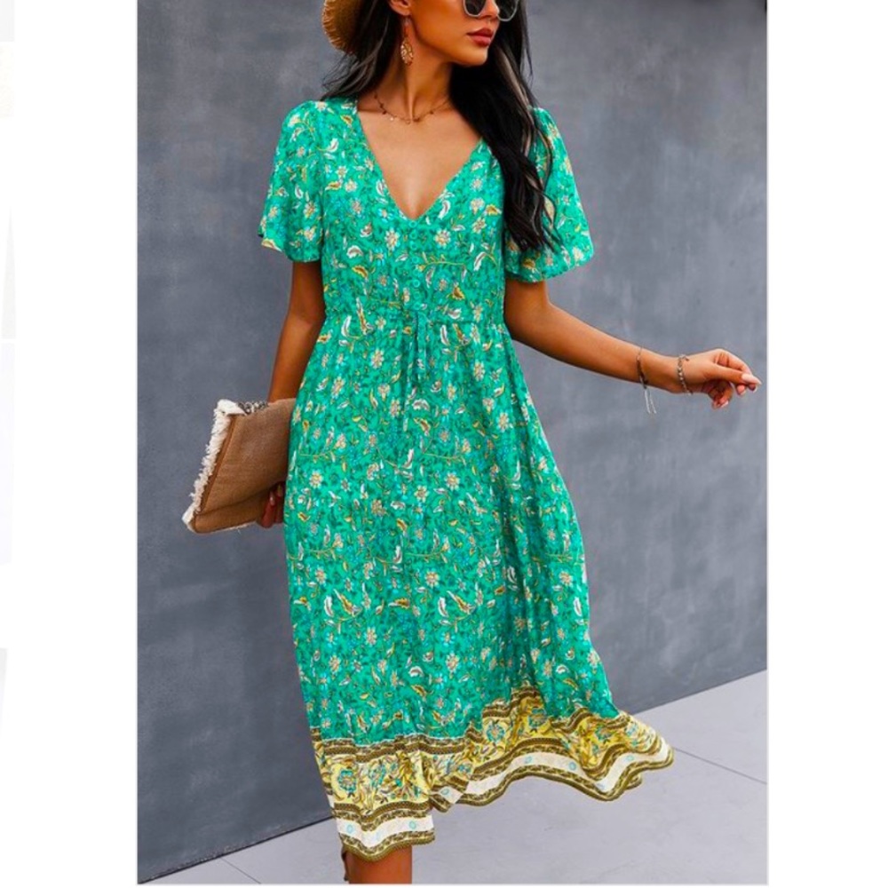 NEW Green Floral Drawstring Boho Midi Dress